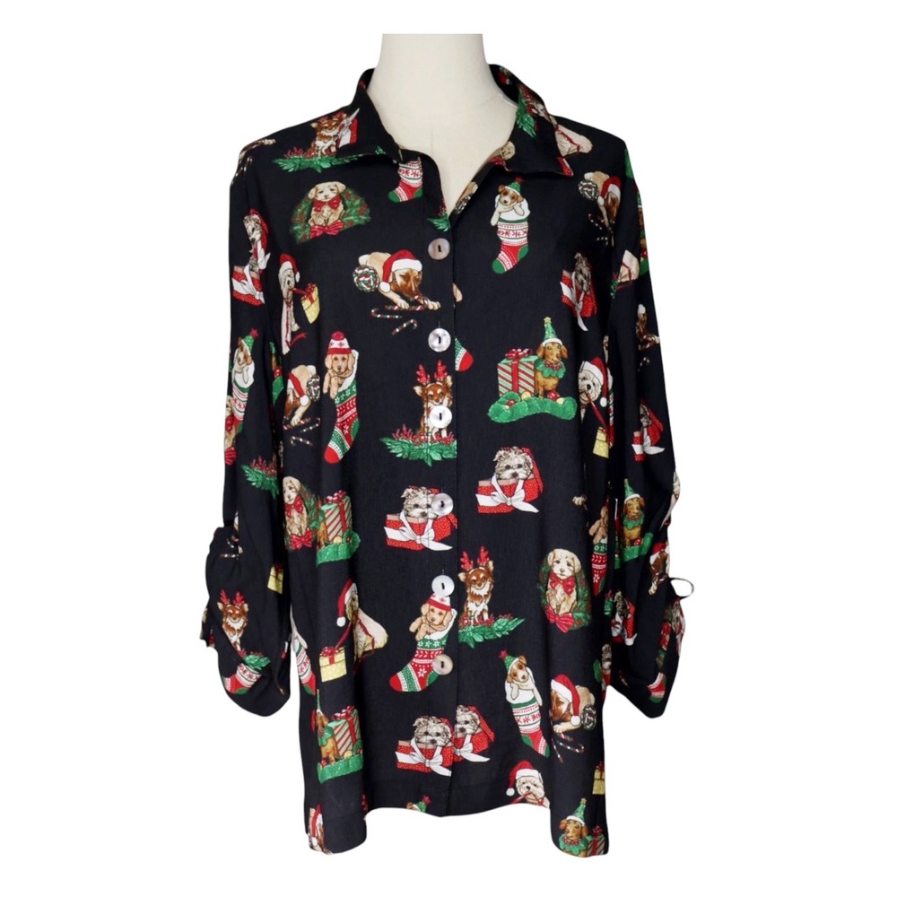 JOHN MARK Christmas Dog Print Woman's Button Up Shirt Black Size Large